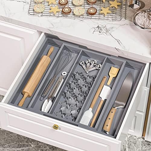Large Kitchen Utensil Drawer Organizer - Expandable 5 Slots Cooking Utensil Organizer Multipurpose Silverware Organizer for Storage Repair Tools, Painting Tools W13.7"-19.9" x L17.6" X H2.5" (Grey) - Image 5