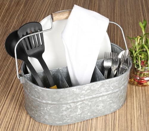 Alpha Living Home Galvanized Metal Utensil Caddy - Rustic Farmhouse Organizer Metal Garden Caddy with 4 Compartments and Wooden Handle for Kitchen, Buffet & Outdoor Events (Silver) - Image 6