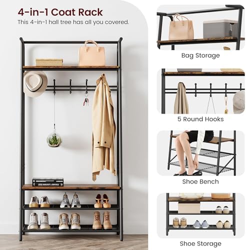 Jojoka 4-in-1 Entryway Coat Rack Hall Tree with Bench & Shoe Rack, Freestanding Storage for Hooks, 3-Tier Shoe Cabinet, Hanging Rod for Hallway, Front Door, Mudroom - Image 3