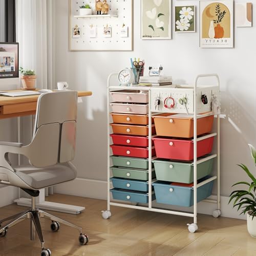 Giantex 14 Drawer Storage Cart, Rolling Craft Cart with Metal Tabletop & Pegboard, Mobile Utility Organizer Trolley with Locking Wheels, Home Office, Macaron Multicolor - Image 2
