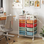 Giantex 14 Drawer Storage Cart, Rolling Craft Cart with Metal Tabletop & Pegboard, Mobile Utility Organizer Trolley with Locking Wheels, Home Office, Macaron Multicolor - Image 2
