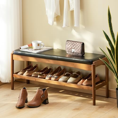 STDDRE Shoe Rack Bench Entryway Bamboo Shoe Storage Bench with Leather Cushion 2 Tiers Shoe Rack Entryway Bench for Hallway, Living Room,Bedroom(Black Bench top+Brown Frame) by LifeTakesaDifferentTurn