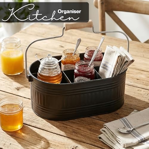Alpha Living Home Large Silverware Drawer Organizer, Utensil Holder, Silverware Organizer, Caddy, Cutlery Holder, Wooden Handle 4-Section Galvanized Flatware Organizer for Kitchen, BBQ Black - Image 5