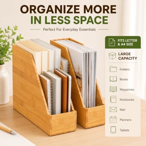 Yeaqee 2 Pcs Vertical File Folder Holder, Bamboo Desktop Organizer - Image 5