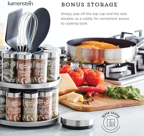 Kamenstein Salem 20-Jar Rotating Spice Rack with Spices Included, Stainless Steel Countertop Organizer with Sifter Caps and Tool Caddy, Spice Set for Kitchen Organization - Image 5