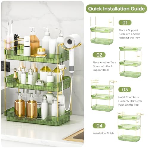Bathroom Counter Organizer with Hair Dryer Holder and Toothbrush Holder, Acrylic Vanity Tray for Skincare, Perfume, Makeup Storage on Countertop ＆ Dresser (Green, 3-Tier) - Image 5
