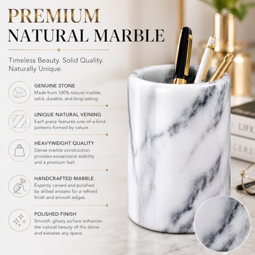 Creative Home White Marble Pen Holder, Heavy Stone Pencil Cup Organizer for Desk - Image 2