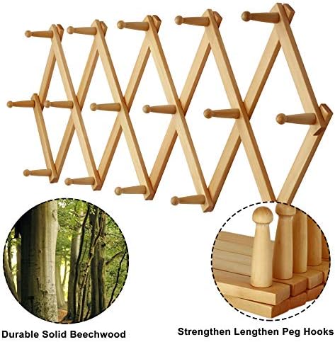 Dseap Accordian Wall Hanger: 16” High Wooden Wall Expandable Coat Rack, Hat Rack Holder, Accordion Hook for Baseball Caps, Coats, Mugs, 16 Peg Hooks, Natural - Image 6