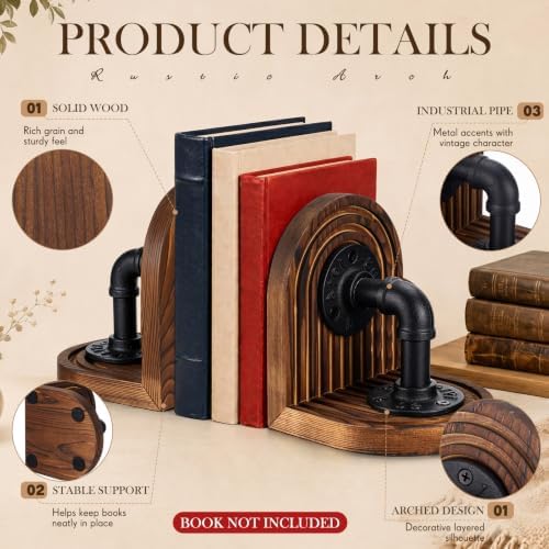 Rustic 6.1x5in Wood Decorative Bookends for Shelves Industrial Pipe Design - Image 4