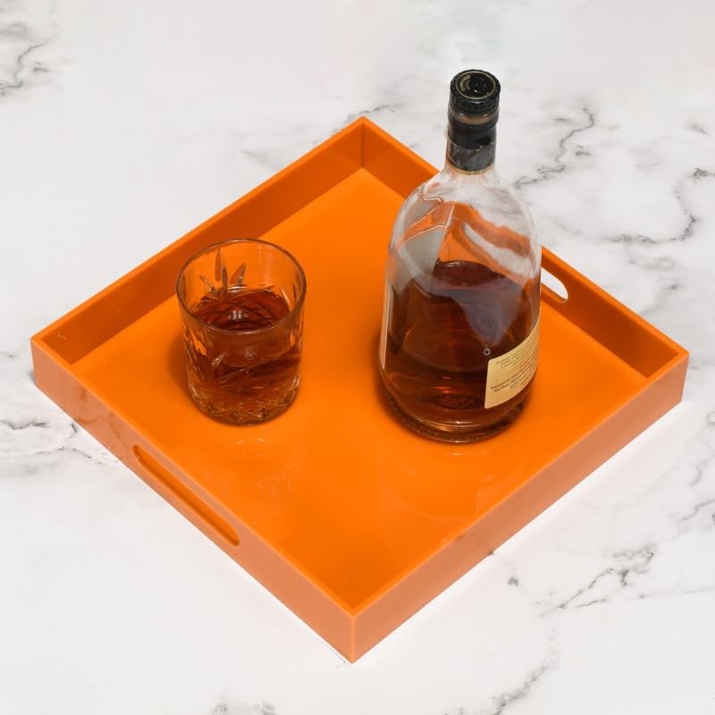 KEVLANG Orange Sturdy Acrylic Serving Tray with Handles-12x12Inch-Serving Coffee,Food,Breakfast,Butler-Kitchen Countertop Tray-Makeup Drawer Organizer-Vanity Table,Ottoman Tray-Decorative Tray - Image 3