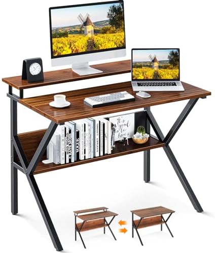 ODK 27.5 Inch Small Desk with Storage & Monitor Stand, Deep Brown by ODK