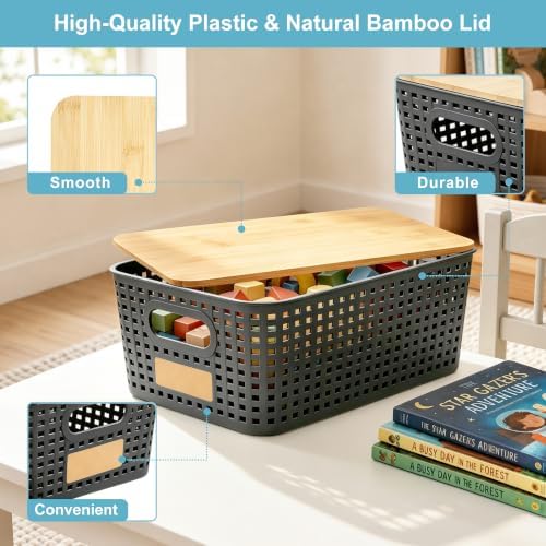 Bagnizer Small Plastic Storage Bins with Bamboo Lids 5.2qt Stackable Box Basket Pantry Decorative Containers Cute with Lable for Organizing Desktop Closet Office Gray of 6 packs 10 * 7.2 * 4.1" - Image 2