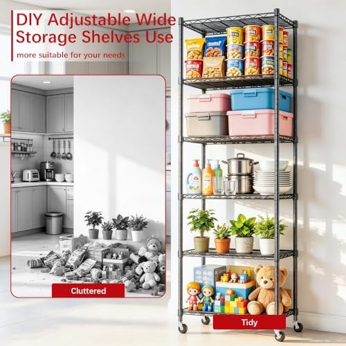 REGILLER 6 Wire Shelving Steel Storage Rack Adjustable Unit Shelves for Laundry Bathroom Kitchen Pantry Closet(Black,11.7" D x 21.4" W x 64.5" H,With Wheels) - Image 5