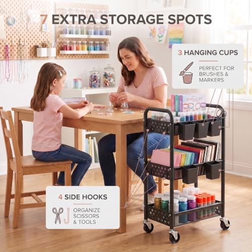 3 Tier Heavy Duty Metal Rolling Utility Cart Organizer with Wheels, Black - Image 4