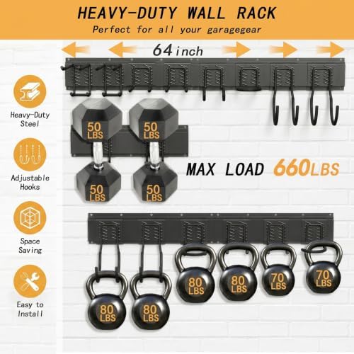 CBWLWJ Garage Tool Organizer Wall Mount, 64 inch Garage Wall Organizer, 660lbs Sturdy Garden Tool Organizer with 8 Adjustable Hooks, for Yard, Shed, Basement, Workshop(Black) - Image 2