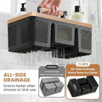 BYUNER Plastic Shower Caddy Dorm: Portable Hard Shower Basket with Handle, 4 Divided Compartments, All-Side Drainage, Bathroom & Cleaning Caddy for College Dorm Room Essentials, Black/wood grain - Image 3