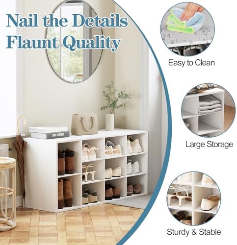 Aenuert 11-Cubby Shoe Rack, 3-Tier Wood Shoe Organizer, Multifunctional Shoe Organizer Bench for Entryway, Mudroom, Hallway, Closet,36.22 * 11.81 * 17.72 Inch,White - Image 5