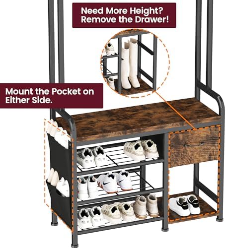 Homeiju Hall Tree with Bench and Shoe Storage, 3-in-1 Entryway Organizer with 6+2 Hooks, Coat Rack with Adjustable Feet for Stability, Mudroom Furniture with Storage Shelf - Image 5