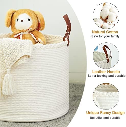 KAKAMAY Large Blanket Basket (18"x16"),Woven Baby Laundry Hamper,Cotton Rope Blanket Basket for Nursery, Laundry, Living Room, Pillows, Baby Toy chest with Leather Handles (White) - Image 5