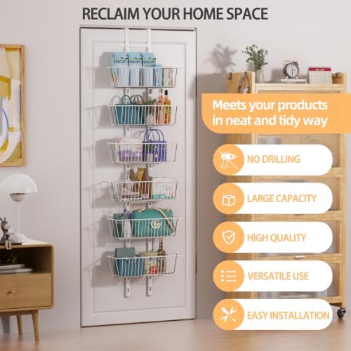 6 Tier Over the Door Pantry Organizer, Foldable Metal Over the Door Hanging Spice Rack with 6 Baskets, Adjustable No Drill Hanging Storage Rack for Kitchen, Bedroom, Laundry, Bathroom, White - Image 4