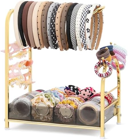 Keebofly Acrylic Hair Accessories Organizer, Versatile Headband Holder Stand for Scrunchies, Bows, Claw Clips, Hair Tie, Compact Hair Organizer Storage for Girls, Women, Babies, Amber & Gold-Plated by Keebofly