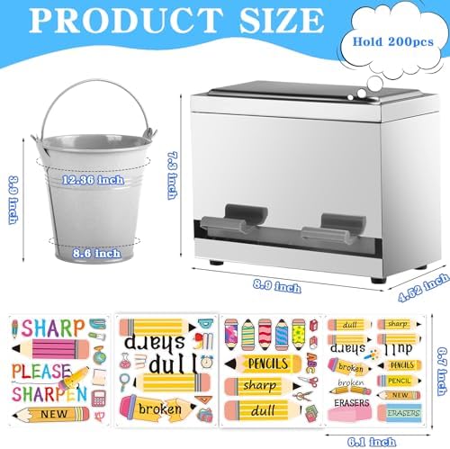 Stainless Steel Pencil Dispenser Pen Holder Back to School Dull Pencil Bucket with 4 sheet Stickers Metal Bucket with Handle for Bulk Pencils Storage Teachers Classroom Supplies (Silver) - Image 2