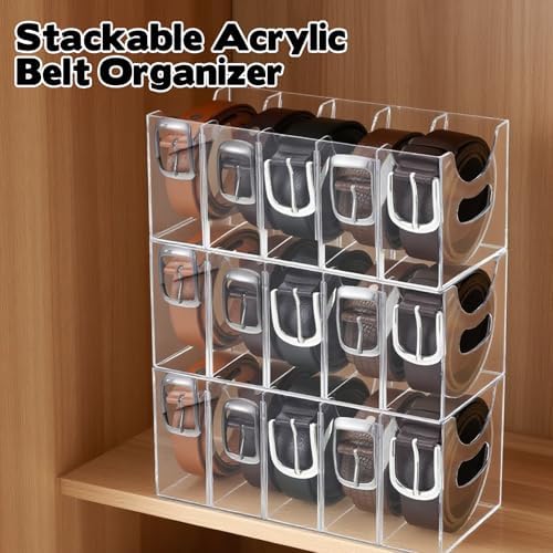 3 Pack Acrylic Belt Organizer Clear Stackable Belt Storage Holder Purse Organizer for Closet - 5 Compartments with Removable Dividers,Display Case Pantry Cabinet Organizers for Ties,Socks,Underwear - Image 6