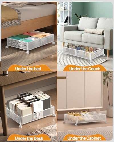 Under Bed Storage With Wheels, 4 Pack Foldable Pattern Carved Metal Under Bed Storage Containers, 60L Rolling Underbed Storage, Easy Assembly Under The Bed Storage for Shoes, Blankets... - Image 3