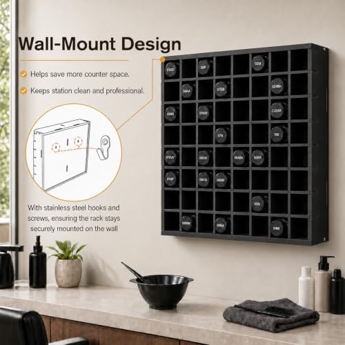 Krafetto Hair Dye Storage Organizer, 64 Grids Wall-mountable Hair Color Holder, Stackable Toner Bottle Rack, Salon Decor for Hair Dye Bottles - Image 3