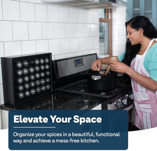 AllSpice Spice Rack Organizer, Wood, 525 Unique Labels, Countertop or Wall Mount, Includes 60 4oz Jars- Matte Black - Image 2