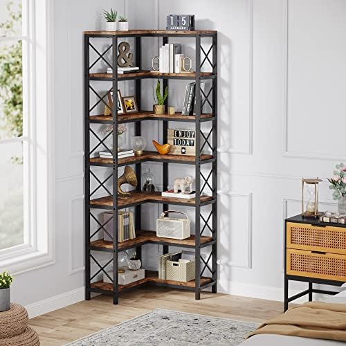 Tribesigns 7-Shelf Corner Bookshelf,Large Modern Corner Bookcase, 7-Tier Tall Corner Shelf Storage Display Rack with Metal Frame for Living Room Home Office (Rustic Brown) - Image 4