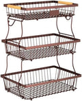 3 Tier Fruit Basket for Kitchen Counter with 2 Banana Hangers, Countertop Metal Fruit Bowl with Wooden Handle, Large Storage Stand for Vegetables, Snacks, Breads, Produce Storage – Brown by Unknown
