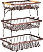 3 Tier Fruit Basket for Kitchen Counter with 2 Banana Hangers, Countertop Metal Fruit Bowl with Wooden Handle, Large Storage Stand for Vegetables, Snacks, Breads, Produce Storage – Brown by Unknown