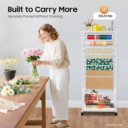 Double-Sided 16-Layer Ribbon Holder Organizer Rack with Wheels Floor Standing Wrapping Paper Display Shelf for Florist Craft Room Cake Shop, 110lbs Load-Bearing Capacity - Image 2