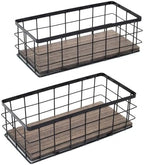 ROSE BLOOM Small Metal Wire Storage Basket, Decorative Wood Base Organizer Bins for Bathroom, Kitchen, Laundry Room, Pantry, Basket for Toilet Paper, Fruits, Spices (2 Pack) by ROSEBLOOM