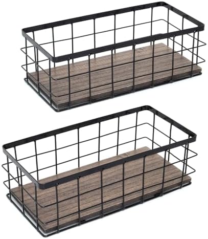 ROSE BLOOM Small Metal Wire Storage Basket, Decorative Wood Base Organizer Bins for Bathroom, Kitchen, Laundry Room, Pantry, Basket for Toilet Paper, Fruits, Spices (2 Pack) by ROSEBLOOM