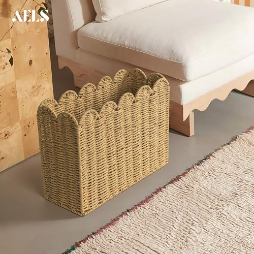 AELS Woven Natural Fibre Magazine Holder, Scalloped Edge Floor Magazine Rack, Hand-woven Organizer, Boho Modern Farmhouse Book Basket, File Newspaper Mail Holder for Office - Image 6