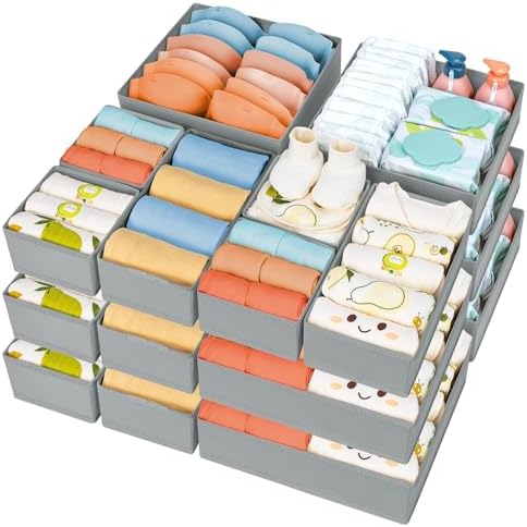 DIMJ Drawer Organizer 15 Pack - Foldable Baby Clothes Storage & Dresser Organizer for Nursery, Bedroom, Closet - Nursery Organization Dresser Dividers for underwear, Sock,Bra, Belt, Tie, Gray by DiMJ