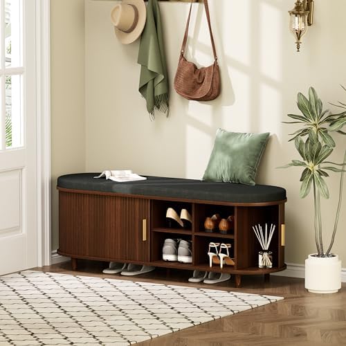 DHH 2-Tier Storage Bench,Wide Shoe Bench with Thickened Padded Seat Cushion, Mid Century Modern Fluted Sliding Door and Adjustable Shelf, for Entryway, Living Room, Bedroom (Walnut, 51.2”) by DHHFurnitureBuyNow