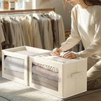 Homsorout Storage Boxes with Lids - 4 Pack Fabric Clear Window Storage Bins, Large Decorative Storage Bins with Handles, Linen Closet Organizer for Clothes, Towel, Blanket, Beige - Image 2
