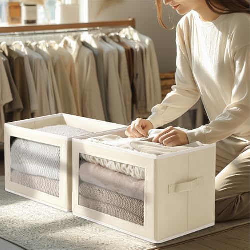 Homsorout Large Storage Baskets with Lids - Stackable Cube Bins for Closet, 6 Pack Beige Windows Organizer Bins, Home Organizers and Storage for Clothes, CD, Towels - Image 3