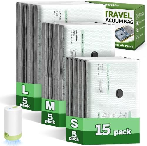 15 Packs Vacuum Bags for Travel with Rechargeable air Pump, 3 Sizes Vacuum Seal Bags for Clothing, Space-Saving Compression Storage Bags for Travel & Closet Organization by Wfiia