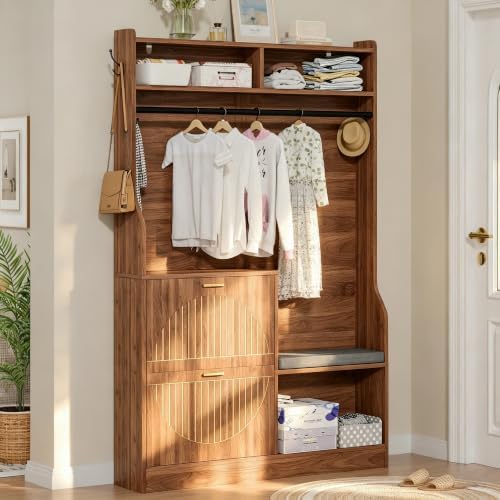 43.3" Hall Tree with Shoe Storage, Entryway Coat Rack with Flip Drawers Shoe Cabinets, Padded Shoe Changing Bench, Metal Hanging Rod & Hooks, Fluted Grain Accent Entryway Organizer for Hallway by Pekdi