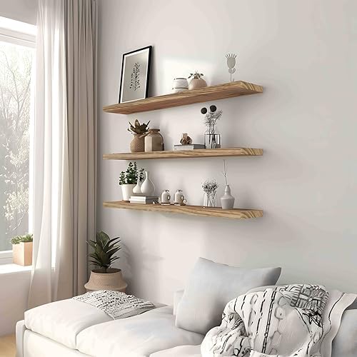 YYWUOJJ Wood Floating Shelves for Wall, Rustic Wall Shelves for Bedroom, Wall Mounted Floating Shelf, Set of 4 Light Walnut 36 Inch - Image 3