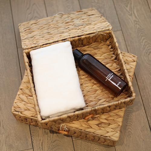 Wicker Storage Basket with Lid, Flat Water Hyacinth Baskets, Shallow Woven Basket for Shlef, Decorative Storage Boxes for Organizing - Image 7