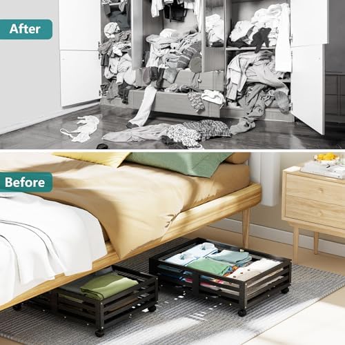 Wisuce 2 Packs Bamboo Under Bed Storage Organizer with Wheels Black Small - Image 5