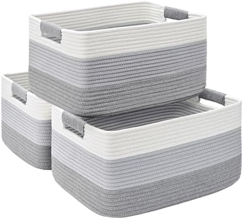 3 Pack Large Storage Basket for Organizing, 17.5"x13"x7" Woven Basket for Shelves, Closet Cube Storage Bins with Wrapped Handle, Cotton Rope Baskets for Kitchen, Clothes, Toys(Gradient Grey) by Degeyoyo