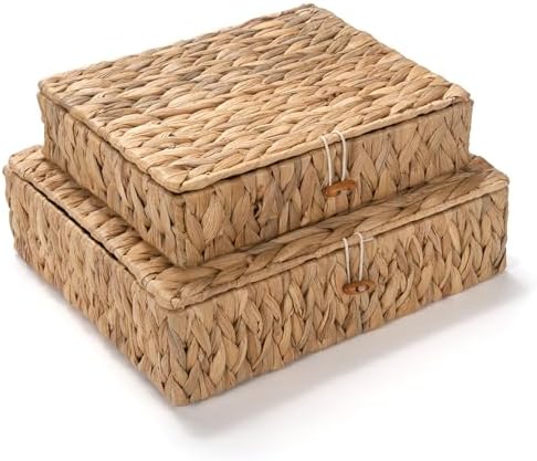 Wicker Storage Basket with Lid, Flat Water Hyacinth Baskets, Shallow Woven Basket for Shlef, Decorative Storage Boxes for Organizing by XIMISISE