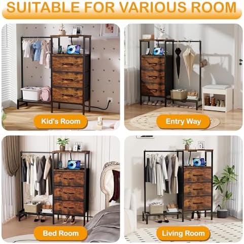 Dresser for Bedroom with Hanging Rack, 3 Drawers Closet with Charging Station, Fabric Chest of Drawers with Clothes Rack, Storage Organzier for Hallway Entryway, Brown - Image 5