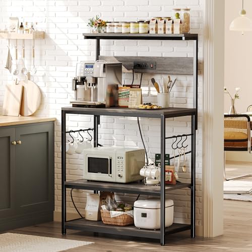SUPERJARE Bakers Rack with Power Outlets, Microwave Stand, 31.5 X 16.5 Inch Larger Desktop, Kitchen Storage Rack with Adjustable Middle Shelf, 6 S-Shaped Hooks, Coffee Bar Stand, Grey - Image 2